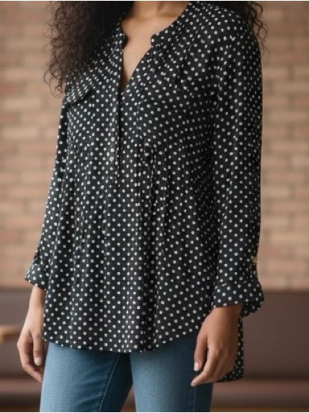 Cocomo Black Polka Dot Split-Neck Roll-Sleeve Blouse Size Large